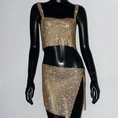 Metal Full Diamond Dress Sweet Spicy Strap Skirt Set Cami Dress