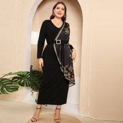 Plus Size Slim Belt Elegant Solid Color Dress