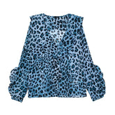 V neck Animal Pattern Printed Top Elegant Laminated Contrast Color Long Sleeves Shirt Hair