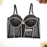 Korsett-Oberteil mit Tupfenspitze, Sling, Strasskette und Perlen, Stäbchen, transparentes Netz-Tube-Top, Korsett-Taillenweste