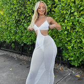 Hollow Out Cutout Camisole See Through One Piece Mesh Maxi Dress Seaside Holiday Dress