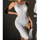 Robe mi-longue crochetée à découpes et col en U, robe de plage tricotée