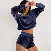 Samtpyjama, zweiteilig, locker, lässig, lange Ärmel, Shorts, Homewear