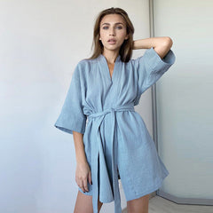 Pure Cotton Casual Home Nightgown Short Cardigan Double Layer Gauze Simple Pajamas