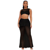 Mesh Stitching Short Top Sheath Fishtail Mid Length Skirt Set