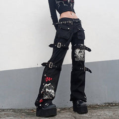 Street Cool Early Printed Metal Buckle Denim Draped Pants