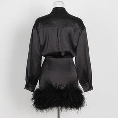 Elegant Socialite Personalized Satin Hip Collared Long Sleeve Solid Color Hem Feather Dress