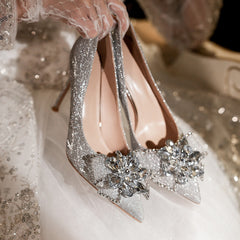 Women's Bridal Wedding Stiletto Pointed French Cinderella Crystal