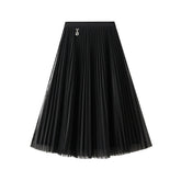 Mesh Pleated Skirt Two Sided Drape Mid Skirt Gauze Skirt