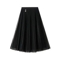 Mesh Pleated Skirt Two Sided Drape Mid Skirt Gauze Skirt