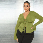 plus Size Slim Fit Lace up V neck Knitted Long Sleeves Office Top Shirt