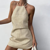 Baumwoll-Leinen-Kleid, rückenfrei, Neckholder, Schnürung, A-Linien-Kleid