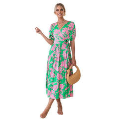 Robe fleurie à col en V et imprimé vintage