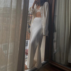 Satin Drapiertes Mop Maxikleid Seitenschlitz High Waist Rock