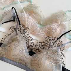 French Underwear Small Chest Beauty Back Thin without Steel Ring Triangle Cup Embroidery Contrast Color Bra Set