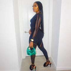 able See through Hollow Out Cutout Long Sleeve Mesh One Piece Trousers