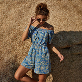off-Shoulder Office High Waist Print Wide Leg Waist Trimming Blue Short Wear Romper