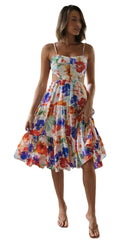 Sundress Printed Strap Backless Lace-up Large Swing Dress