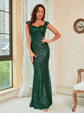 Elegantes grünes Hosenträgerkleid mit Pailletten und mittlerer Taille, Party- und Abendkleid, langes Mop-Kleid