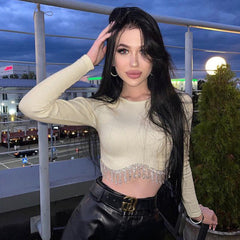 Stitching Metal Chain Cropped Rib Top