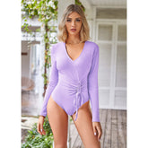 Einfarbiger, langärmliger Jumpsuit mit V-Ausschnitt und Kordelzug