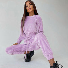 Jumpsuit mit hoher Taille, fürs Büro, lange Ärmel, Rundhalsausschnitt, Schleife, Samt, Zigarettenhose