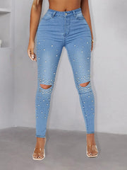Street Hipster Pearl Rivets Craft Denim Skinny Pants
