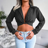 Suit Collar Knotted Shirt Cropped Top