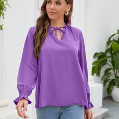 Long Sleeved Top Fall V neck Casual Loose Chiffon Blouses