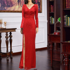 Split Long Sleeve V neck Slim Fit Longmal Dress Wedding Cocktail Party Multi Color Sequined Evening