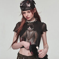 Retro Cat Printing Mesh Top Trendy