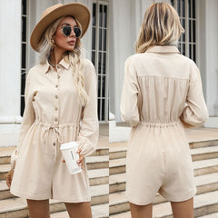 Solid Color Polo Collar Drawstring Shirt Wide Leg  Romper