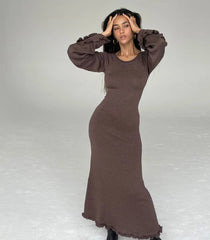Backless Slim Fit Comfortable High Waist Lace Up Woolen Bell Sleeve Stringy Selvedge Dress