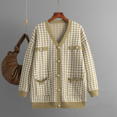 Sweater Loose V neck Houndstooth Long Sleeve Knitted Cardigan Coat Contrast Color