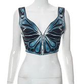 Butterfly Print Strappy Cardigan Hooks Navel-Exposed Casual Top