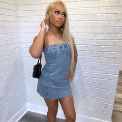 Denim Backless Wash Chest Wrapped Dress