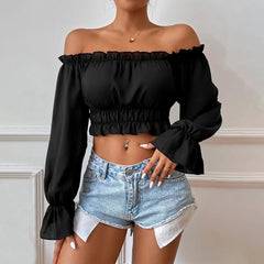 Casual Home Waist Tight Wooden Leaf Collar Long Sleeve Shirt Top