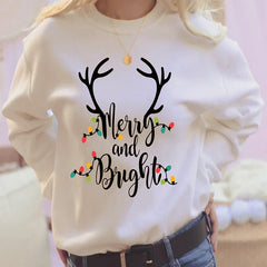 Fall White Long Sleeve Loose Christmas Graphic Print Crew Neck Sweater