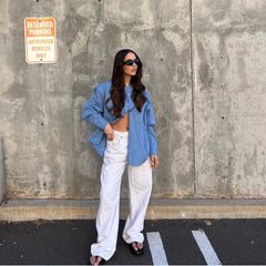 Pantalon coupe droite taille haute style streetwear, pantalon ample décontracté à jambes larges