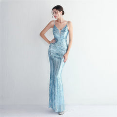 Positionierung Floral Hosenträger Party Pailletten Kleid Lange Bankett Slim Fit Abendkleid Elegante