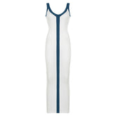Stitching Contrast Color V Shaped Low Collar Sleeveless Slim Fit Elegant Pullover Dress