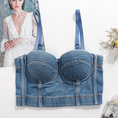 Denim Camisole Beauty Back Cropped Free Underwear Outer Wear Boning Corset Top All Match Nightclub Disco Tube Top