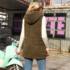 Hooded Sleeveless Zipper Mid Length Solid Color Adjustable Waist Bubble Velvet Vest