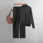 Sunken Stripe Mock Neck Sweater Suit Solid Color Loose Warm Pullover Two Piece Set