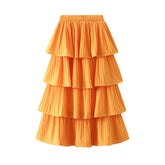 Wooden Ear Stitching Pleated Big Hem Skirt's Mid Length Tiered Dress