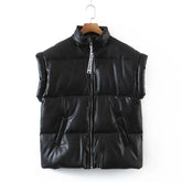 Black with High Collar Sleeveless Bread Coat Faux Leather Vest Cotton Vest