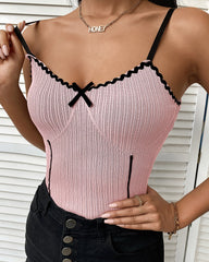 Bow Lace Stripes Solid Color Sling Slim Top