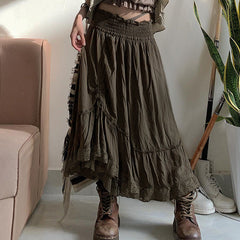 Street Retro Skirt High Waist Asymmetric Lace Stitching Casual Pleated Skirt