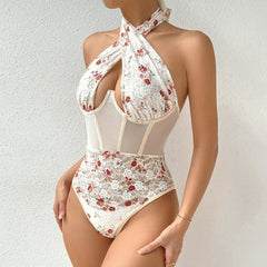 Mesh Stitching Stahl Ring Boning Korsett Taille Druck Jumpsuit