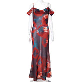 Printed Straps Sleeveless High Waist off-Shoulder Elegant Dress